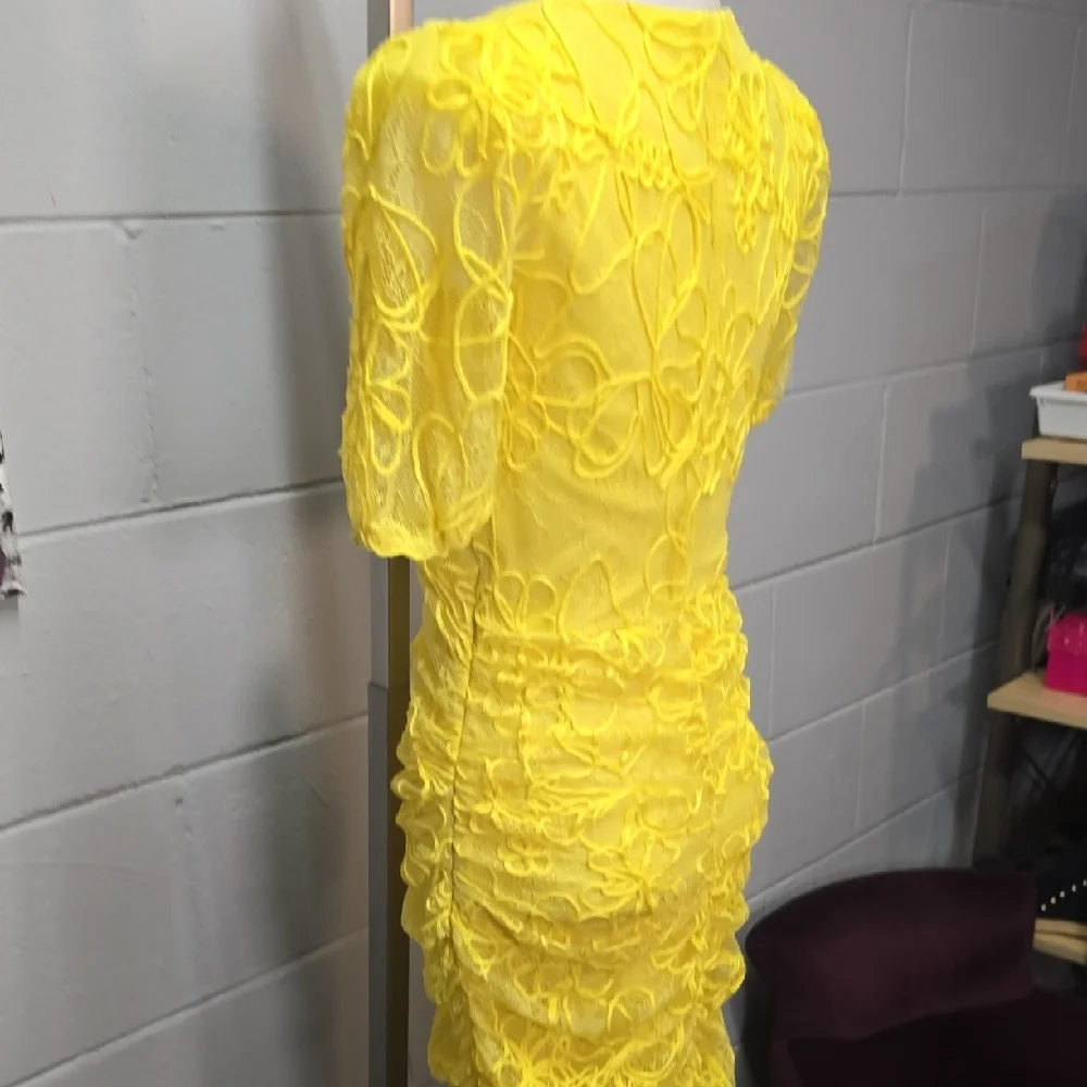 Zara Bright Yellow Ruched Lace Midi Dress - Picture 11 of 12